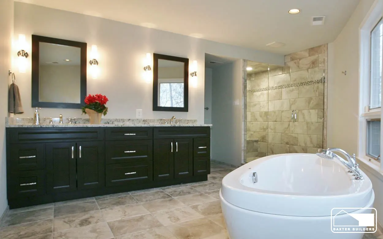 Bathroom with double vanity, jetted tub and tiled shower