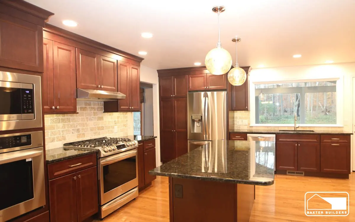 Cherry kitchen with gas range, glass pendants and stainless appliances